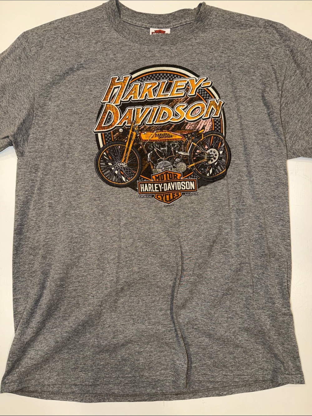Harley-Davidson Gray Tee with Orange & Black Motorcycle Graphic